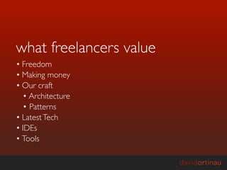 what freelancers value
• Freedom
• Making money
• Our craft
  • Architecture
  • Patterns
• Latest Tech
• IDEs
• Tools
 