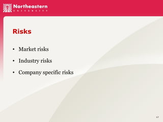 Risks
• Market risks
• Industry risks
• Company specific risks

17

 