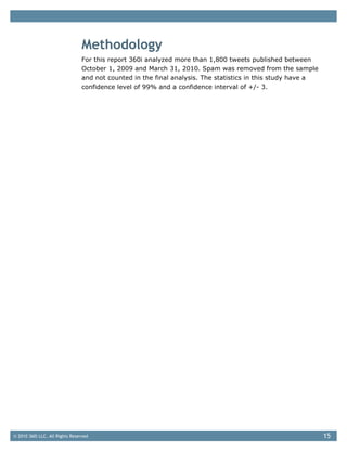 Methodology
                                For this report 360i analyzed more than 1,800 tweets published between
                                October 1, 2009 and March 31, 2010. Spam was removed from the sample
                                and not counted in the final analysis. The statistics in this study have a
                                confidence level of 99% and a confidence interval of +/- 3.




© 2010 360i LLC. All Rights Reserved                                                                         15
 