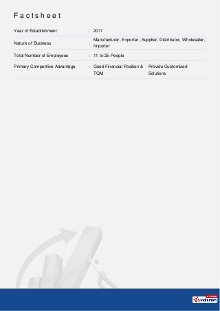 F a c t s h e e t
Year of Establishment : 2011
Nature of Business :
Manufacturer, Exporter, Supplier, Distributor, Wholesaler,
Importer
Total Number of Employees : 11 to 25 People
Primary Competitive Advantage : Good Financial Position &
TQM
Provide Customized
Solutions
 
