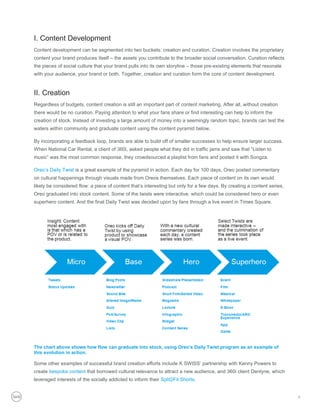 I. Content Development
Content development can be segmented into two buckets: creation and curation. Creation involves the proprietary
content your brand produces itself – the assets you contribute to the broader social conversation. Curation reflects
the pieces of social culture that your brand pulls into its own storyline – those pre-existing elements that resonate
with your audience, your brand or both. Together, creation and curation form the core of content development.


II. Creation
Regardless of budgets, content creation is still an important part of content marketing. After all, without creation
there would be no curation. Paying attention to what your fans share or find interesting can help to inform the
creation of stock. Instead of investing a large amount of money into a seemingly random topic, brands can test the
waters within community and graduate content using the content pyramid below.

By incorporating a feedback loop, brands are able to build off of smaller successes to help ensure larger success.
When National Car Rental, a client of 360i, asked people what they did in traffic jams and saw that “Listen to
music” was the most common response, they crowdsourced a playlist from fans and posted it with Songza.

Oreo’s Daily Twist is a great example of the pyramid in action. Each day for 100 days, Oreo posted commentary
on cultural happenings through visuals made from Oreos themselves. Each piece of content on its own would
likely be considered flow: a piece of content that’s interesting but only for a few days. By creating a content series,
Oreo graduated into stock content. Some of the twists were interactive, which could be considered hero or even
superhero content. And the final Daily Twist was decided upon by fans through a live event in Times Square.




The chart above shows how flow can graduate into stock, using Oreo’s Daily Twist program as an example of
this evolution in action.

Some other examples of successful brand creation efforts include K SWISS’ partnership with Kenny Powers to
create bespoke content that borrowed cultural relevance to attract a new audience, and 360i client Dentyne, which
leveraged interests of the socially addicted to inform their Split2Fit Shorts.


                                                                                                                          4
 