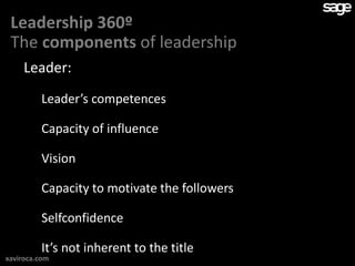 Leadership 360º
 The components of leadership
     Leader:
         Leader’s competences

         Capacity of influence

         Vision

         Capacity to motivate the followers

         Selfconfidence

         It’s not inherent to the title
xaviroca.com
 
