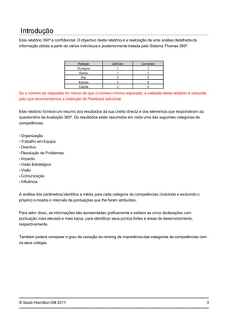 -
-
-
-
-
-
-
-
-
© Sarah Hamilton-Gill 2011
Introdução
Este relatório 360º é confidencial. O objectivo deste relatório é a realização de uma análise detalhada da
informação obtida a partir de vários indivíduos e posteriormente tratada pelo Sistema Thomas 360º.
Relação Definido Completo
O próprio 1 1
Gestor 1 1
Par 2 2
Equipa 2 2
Cliente 2 0
Se o número de respostas for menor do que o número mínimo esperado, a validade deste relatório é reduzida
pelo que recomendamos a obtenção de Feedback adicional.
Este relatório fornece um resumo dos resultados da sua chefia directa e dos elementos que responderam ao
questionário de Avaliação 360º. Os resultados estão resumidos em cada uma das seguintes categorias de
competências.
Organização
Trabalho em Equipa
Directivo
Resolução de Problemas
Impacto
Visão Estratégica
Visão
Comunicação
Influência
A análise dos parâmetros identifica a média para cada categoria de competências (incluindo e excluindo o
próprio) e mostra o intervalo de pontuações que lhe foram atribuídas.
Para além disso, as informações são apresentadas graficamente e exibem as cinco declarações com
pontuação mais elevada e mais baixa, para identificar seus pontos fortes e áreas de desenvolvimento,
respectivamente.
Também poderá comparar o grau de variação do ranking de importância das categorias de competências com
os seus colegas.
3
 