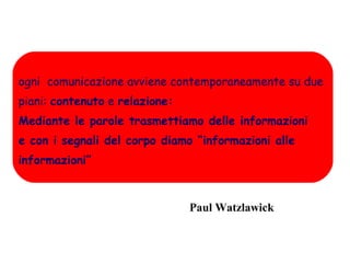 ogni comunicazione avviene contemporaneamente su due
piani: contenuto e relazione:
Mediante le parole trasmettiamo delle informazioni
e con i segnali del corpo diamo “informazioni alle
informazioni”
Paul Watzlawick
 