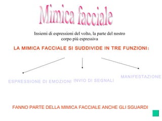 Insiemi di espressioni del volto, la parte del nostro
corpo più espressiva
LA MIMICA FACCIALE SI SUDDIVIDE IN TRE FUNZIONI:
ESPRESSIONE DI EMOZIONI INVIO DI SEGNALI
MANIFESTAZIONE
FANNO PARTE DELLA MIMICA FACCIALE ANCHE GLI SGUARDI
 