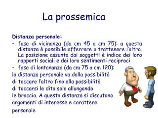 La prossemica
Distanza personale:
• fase di vicinanza (da cm 45 a cm 75): a questa
distanza è possibile afferrare o trattenere l’altro.
La posizione assunta dai soggetti è indice dei loro
rapporti sociali e dei loro sentimenti reciproci
• fase di lontananza (da cm 75 a cm 120):
la distanza personale va dalla possibilità
di toccare l’altro fino alla possibilità
di toccarsi le dita solo allungando
le braccia. A questa distanza si discutono
argomenti di interesse e carattere
personale
 
