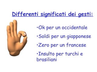 Differenti significati dei gesti:
•Ok per un occidentale
•Soldi per un giapponese
•Zero per un francese
•Insulto per turchi e
brasiliani
 