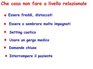 Che cosa non fare a livello relazionale
Essere freddi, distaccati
Essere o sembrare molto impegnati
Setting caotico
Usare un gergo medico
Domande chiuse
Interrompere il paziente
 