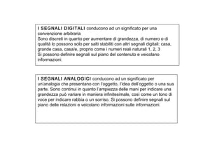 I SEGNALI DIGITALI conducono ad un significato per una
convenzione arbitraria
Sono discreti in quanto per aumentare di grandezza, di numero o di
qualità lo possono solo per salti stabiliti con altri segnali digitali: casa,
grande casa, casa/e, proprio come i numeri reali naturali 1, 2, 3
Si possono definire segnali sul piano del contenuto e veicolano
informazioni.
I SEGNALI ANALOGICI conducono ad un significato per
un’analogia che presentano con l’oggetto, l’idea dell’oggetto o una sua
parte. Sono continui in quanto l’ampiezza delle mani per indicare una
grandezza può variare in maniera infinitesimale, così come un tono di
voce per indicare rabbia o un sorriso. Si possono definire segnali sul
piano delle relazioni e veicolano informazioni sulle informazioni.
 