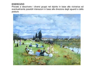 ESERCIZIO
Provate a descrivere i diversi gruppi nel dipinto in base alla vicinanza ed
eventualmente possibili interazioni in base alla direzione degli sguardi e della
postura
 