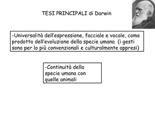 TESI PRINCIPALI di Darwin
-Universalità dell’espressione, facciale e vocale, come
prodotto dell’evoluzione della specie umana (i gesti
sono per lo più convenzionali e culturalmente appresi)
-Continuità della
specie umana con
quelle animali
 