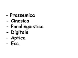 - Prossemica
- Cinesica
- Paralinguistica
- Digitale
- Aptica
- Ecc.
 