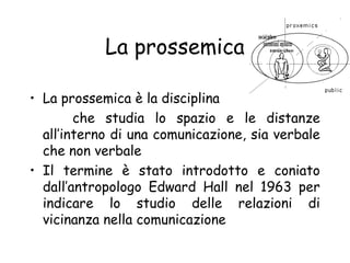 La prossemica
• La prossemica è la disciplina
che studia lo spazio e le distanze
all’interno di una comunicazione, sia verbale
che non verbale
• Il termine è stato introdotto e coniato
dall’antropologo Edward Hall nel 1963 per
indicare lo studio delle relazioni di
vicinanza nella comunicazione
 