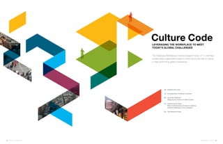 360.steelcase.com | Issue 65 | 2524 | Issue 65 | 360.steelcase.com
	 26	Defining the Code
	 34	An Exploration of Eleven Countries
	102	Same But Different:
		Mapping the Patterns of Work Culture
	110	 Unlocking the Code:
		What multinationals are doing to address
		 cultural challenges in the workplace
	122	The Research Team
The Steelcase WorkSpace Futures research study of 11 countries
reveals what organizations need to know about the role of culture
in high-performing global workplaces.
Leveraging the workplace to meet
today’s global challenges
Culture Code
 
