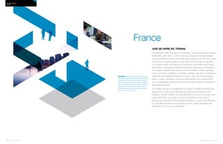 42 | Issue 65 | 360.steelcase.com 360.steelcase.com | Issue 65 | 43
Joie de vivre vs. travail
Compared to their European counterparts, the French have a unique
relationship with work. On the one hand, they are deeply invested
in their professional roles and career advancement. On the other hand,
they prize the overall quality of their lives and consider protecting
it a serious matter. Moreover, the desire for self-fulfillment through
work exists alongside a deeply embedded acceptance of hierarchy.
This duality, coupled with the economic instability of high unemploy-
ment and other problems in the labor market, can lead to feelings of
insecurity and disillusionment. As a result, high emotional engage-
ment in work—evident in vivacious discussions and creative think-
ing—is frequently juxtaposed with a contradictory desire: to escape to
the personal sphere.
As tradition bends to progressive innovation, traditional layouts are
giving way to open-plan spaces that promote interaction and
flexibility. French workers are still attached to territory, however, and
clear attribution of spaces and accommodations for privacy
remain very important. The ongoing evolution to open-plan settings
is a significant culture change that requires careful planning and
abundant two-way communication.
NOTABLE The French preference for central-
ized power has made Paris the unquestionable
financial, cultural and political heart of France.
The “city of light,” along with newer satellite cit-
ies created around it, far outweighs the rest of
the country in terms of national and multina-
tional headquarters, and the prestigious jobs
that come along with that.
Country PRofiles
FRANCE
France
 