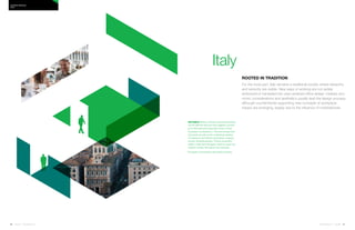 66 | Issue 65 | 360.steelcase.com 360.steelcase.com | Issue 65 | 67
Rooted in tradition
For the most part, Italy remains a traditional society where hierarchy
and seniority are visible. New ways of working are not widely
embraced or translated into user-centered office design. Instead, eco-
nomic considerations and aesthetics usually lead the design process,
although countertrends supporting new concepts of workplace
impact are emerging, largely due to the influence of multinationals.
NOTABLE Italians embrace social networking
via the Internet and are more digitally connect-
ed in their personal lives than many of their
European counterparts.* The technology infra-
structures as well as the underlying impetus
for telework and flexible workstyles, however,
remain underdeveloped. There’s persistent
belief in Italy that managers need to supervise
workers closely throughout the workday.
*European Commission Information Society.
Country PRofiles
ITALY
Italy
 