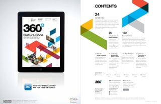 360.steelcase.com | Issue 65 | 5
Eles eum as apiet velecae. Nemolor
rovitis recatibus vellaccum conse
acercipsusa peribeatem volorporibus
IPAD Ad
360 Magazine is published by Steelcase Inc. All rights reserved. Copyright 2012. Cover and design by Plural, in collaboration with Steelcase.
Material in this publication may not be reproduced in any form unless you really want to help people love how they work—just ask us first, okay?
CULTURE CODE
The Steelcase WorkSpace Futures team recently
completed a cultural study of 11 countries to
better understand cultural codes in the workplace.
Their insights inform how to reflect and incorporate
important values, employee behaviors and
larger cultural contexts into work environments
around the world.
18	Q&A with
	Pankaj Ghemawat
Is your business a truly
global enterprise?
Probably not as much as
you think, says economist
and author. But it's time
to think that way.
136	 Leadership
Moment with
Arthur Lambert
Lexjet CEO shares how
their new space has
revitalized employees,
helped to boost sales
to record levels
and cultivated a great
customer service
experience.
140	Meet the Experts
Three of the country’s
leading authorities share
their thoughts on designing
active learning spaces
and improving education
environments.
148	A German
Celebration of
New Ideas
As part of Steelcase’s
year-long, worldwide
centennial celebration,
event brings together
diverse thinkers to look
ahead to future business
innovations.
Join the conversation
Connect with Steelcase
via social media and let
us know what you’re
thinking. Or email us
at 360magazine@
steelcase.com
Search “Steelcase 360
Magazine” on the newstand.
Compatible with iPad.
Requires iOS 3.2 or later.
Departments
Contents
24
Same but Different
By comparing work environments in 11 countries,
the study identified distinctions and similarities.
The opportunities and challenges in these different
cultures demonstrate how a thoughtfully-designed
workplace can foster trust, improve collaboration
and ultimately help an organization go global faster
and more effectively.
An Exploration of
Eleven Countries
Insights into the
relationship between
workplace behaviors
and the work environ-
ment for each of the 11
countries and what it
tells us about them.
10235
Exploring workplace
research, insights
and trends
360.steelcase.com
360 on the ipad
Search “Steelcase 360 Magazine” on the newstand.
Compatible with iPad. Requires iOS 3.2 or later.
FIND THE “STEELCASE 360”
APP FOR FREE ON ITUNES
facebook.com/steelcase
youtube.com/steelcasetv
twitter.com/steelcase
6 Perspectives 16 Trends
	360
124 Lessons
Learned
146 Design
Apps
152 Atoms
 Bits
126 Insights 	
Applied
 