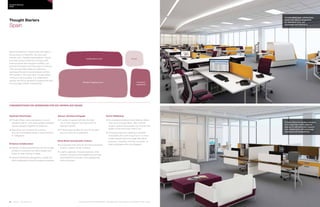 94 | Issue 65 | 360.steelcase.com 360.steelcase.com | Issue 65 | 95
Considerations for addressing five key workplace issues
Optimize Real Estate
	Private offices can be designed on a con-
densed footprint, with administrative assistant
spaces grouped together for efficiency.
	Benching can be dense for workers,
who are comfortable being in close proximity
to colleagues.
Enhance Collaboration
	Multiple media:scape settings can encourage
workers to embrace new technologies and
foster an open sharing of ideas.
	Spaces intentionally designed to cultivate cre-
ative collaboration should be readily accessible.
Attract, Develop  Engage
	A variety of spaces will offer the right
mix of both support and autonomy for
Spanish workers.
	Provide opportunities not only for focused
work, but also for socialization.
Build Brand and Activate Culture
	Incorporate both informal and structured team
areas to support group cohesion
	Lead by example. Executive spaces, while
present, should be more egalitarian,and less
sequestered to promote more engagement
with employees.
Enrich Wellbeing
	As employers embrace more flexible, distrib-
uted work arrangements, offer a broad
range of spaces that people can choose from
based on the work they need to do.
	Providing ergonomic seating for Spanish
employees who work long hours is a must.
Create spaces that encourage alternative
postures—standing, leaning, perching—to
keep employees alert and engaged.
Many workplaces in Spain today still reflect a
strong focus on hierarchy, structure and
intense work. Leading organizations in Spain,
and their young workers are driving a shift
toward spaces that recognize tradition, yet
promote innovation and new ways of working.
This concept offers ideas for balancing
expressed hierarchy and employee comfort
with density in the open plan. Private offices
continue to be important, but collaboration
spaces should be situated throughout the plan
to encourage visibility of leadership.
Thought Starters
Spain
Country PRofiles
SPAIN
Resident Neighborhood Executive
Leadership
Collaboration Zone Arrival
Incorporating open collaboration
areas near spaces designated
for individual work, will
encourage new behaviors.
Private offices for leaders continue
to be important, while adjacent
spaces for administrative support
and collaboration will encourage
openness and transparency.
The spaces shown here are intended to help spark ideas. Every product is not available in every country.
 