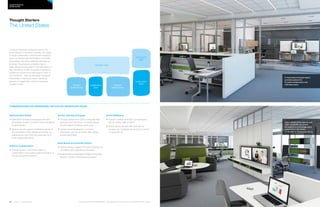 100 | Issue 65 | 360.steelcase.com 360.steelcase.com | Issue 65 | 101
Considerations for addressing the five key workplace issues
Optimize Real Estate
	Alternative workplace strategies will allow
employees to work off-site at various locations
as appropriate.
	Spaces should support multiple functions so
the real estate is fully utilized at all times (i.e.
telepresence room that can used also as a
local collaboration tool).
Enhance Collaboration
	Provide spaces for all of the types of
collaboration, from quick project evaluation to
full-day generative sessions.
Attract, Develop  Engage
	Younger generations seek to integrate their
personal and work lives—so some spaces
should support a relaxed work style.
	Create visual transparency so newer
employees can see and learn from experi-
enced teammates.
Build Brand and Activate Culture
	Spaces should support the types of behaviors
consistent with organizational culture.
	Integrate brand messaging throughout employee
spaces, not just customer-facing spaces.
Enrich Wellbeing
	Support multiple postures, so employees
can sit, stand, walk or perch.
	Some spaces should offer solitude, so
workers can moderate the amount of sound
or visual stimuli.
A typical American workplace used to be
summarized in one word: cubicles. The need
for both collaboration and focused individual
work, combined with the freedom of mobile
technology, has led to radically new ways of
working. The physical workplace has to
keep pace and even lead to new behaviors. A
key principle is to offer a palette of places for
workers to choose from that support both “I”
and wework - that can be either owned by
individuals or shared by many - allowing
workers to toggle back and forth between
modes of work.
Thought Starters
The United States
Country PRofiles
United states
Nomadic Camp
Community
Café
Resident
Neighborhood
Collaboration
Zone
Collaboration
Zone
Resident
Neighborhood
A reservable enclosed space
provides options for
focused collaborative and
individual work.
Open collaboration spaces and
video capability are woven
throughout to encourage quick
connections with either
co-located or distributed teams.
The spaces shown here are intended to help spark ideas. Every product is not available in every country.
 