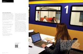 114 | Issue 65 | 360.steelcase.com 360.steelcase.com | Issue 65 | 115
Culture Change Management
Managing the culture change at Vodafone in
Amsterdam was quite involved. “We had to
make sure our employees were ready to make
the move to a more mobile way of working and
a new work environment to support it,” Smits
says. Involving employees in the planning pro-
cess was important, but so were an array of
resources created as part of the change man-
agement effort, including:
	an intranet information site with virtual
tours of the new space;
	temporary workspaces employees could
try out and training with new technology;
	coaching and training for managers;
	staff meetings with leadership to
discuss the move;
	a launch event in the new space
before move-in;
	relocation assistance for those
moving to the city;
	an orientation booklet about the new
work environment and the surrounding
Amsterdam neighborhood.
Vodafone’s Amsterdam project demonstrates
what Hughes calls a “pull” strategy of change
management: leaders define the strategic in-
tent and key behavior changes needed, while
users define needs for the new workplace. “It’s
important to generate excitement about the
future of the workplace and have employees
share that excitement with their colleagues and
show how new ways of working will help them
do their jobs.”
A “push” strategy takes a different tack.
Employees are not necessarily involved in de-
fining what they need in a new workplace
and instead are provided the rationale for the
change, what the benefits will be, and status
updates. The focus is on communication and
training, such as how to work in the new envi-
ronment. “It can be effective in some organiza-
tions, especially in more traditional cultures that
are more top down driven, but a push strategy
doesn’t ensure satisfaction or even acceptance
by everyone,” says Hughes. “It’s not unusual
for companies to blend pull and push strate-
gies to fit the local and organizational cultures.”
“It’s surprising, really, how well and
how quickly people have adapted
to all of the changes we’ve made.”
notes Smits. You give people support
through the transition, you police your
policies a bit without going over the
top, and you let people know you’ll
revisit those policies, and if there are
issues you’ll adjust.”
Paul Smits, global director, organizational effectiveness, Vodafone
Watch a video on Vodafone’s
Amsterdam workplace:
Culture CODE
Unlocking the code
http://go.steelcase.com/7fNbCh
 