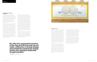 116 | Issue 65 | 360.steelcase.com 360.steelcase.com | Issue 65 | 117
Bridging Oceans, Countries
and Cultures
Cross-culture ventures, such as mergers
and acquisitions by companies from differ-
ent countries complicate workplace planning.
Izabel Barros, a senior ARC consultant in Latin
America, worked with Siemens, the German
electrical and telecommunications firm head-
quartered in Germany, and Nokia,
the Finnish telecomm, on a joint operation—
Nokia Siemens Networks—with offices in
Brazil and Chile.
“First, we made sure that, together with their
design firm, Moema Wertheimer Arquitetura
of Sao Paulo, we clearly understood the orga-
nizational culture of both Siemens and Nokia,
their headquarters' country cultures, and the
cultures of Brazil and Chile. We explored dif-
ferences not only between the companies
and countries, but even between offices in Rio
de Janeiro and Sao Paulo. Only after we had
those issues sorted out were we able to dive
into what they wanted for the new company’s
organizational culture and workplace strategy.”
The goal was to apply a global workplace
strategy in different locations (Nokia Siemens
Networks operates in 150 countries) with some
adjustments for local norms.
Barros and her team worked with represen-
tatives from all departments to contribute to
the planning process. A sophisticated change
management program helped employees un-
derstand new work processes and the work
environment, dubbed “The Modern Office,”
which “drives corporate culture toward one of
teaming, collaboration and interaction. This is
critical for high-tech companies who succeed
or fail based on their ideas and their ability to
create intellectual property.” This meant work-
ers, including middle and upper management,
would have to change how they went about
their work. Individual workstations, for exam-
ple, would be smaller and closer together to
encourage more communication and collabo-
ration, while private offices would be resized,
repurposed or go away entirely, depending on
local needs.
“We worked with middle management so that
they would buy into the idea of smaller offic-
es, working in the open plan, going to places
for more privacy, and so on. We also helped
people accept more responsibility for how and
where they worked, as a way to foster more in-
dependence,” Barros says.
Engagement is Key
Deeply engaging workers in the process lies
at the heart of a successful organizational
change. “It used to be that the hierarchy was
the catalyst for behavior. Business today is
more complex and changing behavior is more
successful when you engage the human net-
works of the organization. It’s often the unex-
pected members of the rank and file who step
up and make a difference in driving change,
and sometimes pushing the change further
than executive leadership thought possible,”
notes Barros. “When you involve users in the
process of planning the workplace, you get
a more culturally appropriate work environ-
ment as well as earlier and deeper buy-in from
everyone.”
The Nokia Siemens Networks change man-
agement plan included preparing detailed
protocols for each of the new workspaces for
employees. Project areas, videoconference
rooms, on-demand drop-in spaces, phone
booths (small enclaves), lounges, coffee points
(places for spontaneous meetings) and indi-
vidual workspaces (most unassigned)— were
explained in detail, with suggestions for best
uses, which spaces could be scheduled and
how, etc.
Workshops explored the benefits of the new
work environment and a 16-page brochure on
“The Modern Office” explained how knowledge
work is changing and how the new work en-
vironment supports it. All materials were pro-
duced in the local language and in English, an
acknowledgement of the local culture and as
an aid to quicker adoption of new workstyles.
“If you’re going to make dramatic changes to
the workplace and how people work, leaders
at all levels need to be involved in planning the
change and implementing it. In the Sao Paulo
office, for example, not even the president’s
office had a door on it. Change management
involves every level of the organization, but it
starts at the top,” says Barros.
“It’s often the unexpected members
of the rank and file who step up and
make a difference in driving change,
and sometimes pushing the change
further than executive leadership
thought possible.”
Izabel Barros, senior ARC consultant, Steelcase
Culture CODE
Unlocking the code
Nokia Siemens, San Palo
 