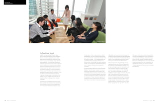 118 | Issue 65 | 360.steelcase.com 360.steelcase.com | Issue 65 | 119
The Global/Local Tension
Even for companies fluent in wide-rang-
ing countries and cultures, global workplace
strategies must be adjusted to local needs.
Multinational consulting firm Accenture, with
clients in over a 120 countries, deals with this
issue constantly. “In some ways, Accenture
company culture trumps local culture. We have
a lot of mobility in our workforce and a decen-
tralized and distributed approach to work: for
example, business might be sold in the U.S.
but designed in Manila, built and operated in
delivery centers in India,” says Dan Johnson,
workplace innovation lead for Accenture. “Plus,
our clients, who like Accenture are primar-
ily global in scope, expect a high level of con-
sistency from us whether they work with an
Accenture office in Chicago, D.C., Warsaw,
or Sydney.”
Yet striving for consistency across the corpo-
ration shouldn’t be confused with consistency
across borders. Patrick Coyne, global direc-
tor for Accenture Workplace Solutions, says
companies err when using markets to define
geographies. “You can’t draw borders around
a group of countries simply because that’s how
you define a market. That underestimates the
complexity of the geography and the coun-
tries involved. Even though the world is getting
smaller, it’s important to understand that doing
work in Japan is different than doing work
in Russia.”
Accenture offices reflect both local and global
insights. “Our workplace strategy focuses on
enhancing collaboration and innovation with
a consistent physical space, a single look and
feel, and the right balance between the compa-
ny culture and the local culture,” Johnson says.
For example, in Tokyo, Accenture opted to re-
locate some of the staff functions from down-
town Tokyo to an office in Yokohama about 45
miles away, and used virtual technologies to
connect the two locations and help people stay
connected. This approach lowered their space
costs in a very expensive real estate market
and improved overall work effectiveness.
They managed the change through round-
table discussions with staff who helped plan
the changes, email newsletter updates, and
a user committee to plan the relocation to the
new Yokohama office and implement new
work processes. Change is often challeng-
ing. “For some of our people, the move to
Yokohama meant a longer commute. We spent
a lot of time talking with them about the im-
pact and options to minimize it. In response,
we introduced a telework program that allows
people to work from home two days a week.
People thought that wouldn’t work in Japan,
where employees often feel the need to work
where management can see them. But after
two years, we’ve documented increased pro-
ductivity and engagement, even compared to
when they were working in downtown Tokyo.
When you look carefully at existing cultures
and norms, challenge them a bit as we did with
remote working and involve the people in de-
veloping the solution, you can knit all of this
change together and have an even more posi-
tive outcome.”
Culture CODE
Unlocking the code
Accenture, Tokyo
 