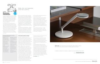 134 | Issue 65 | 360.steelcase.com 360.steelcase.com | Issue 65 | 135
Insights:
Economic
reinvention
The groups hypothesized that the economic
meltdown of 2008-2012 and beyond caused a
permanent re-adjustment in the way goods
and services are exchanged. Values shifted
toward pragmatism and practicality, balance
and sustainability, flexibility and creativity.
Values drifted away from personal status,
luxury and indulgence.
As a reflection of this swing, new ways of
buying and selling appear. Bartering, sharing
and trading resources replace old currencies.
Water, time and happiness is the new currency.
Singular ownership is now considered wasteful
and scarcity is a fact of life, as envisioned by
New York groups. Babies are issued water and
carbon cards to track their planetary impact.
But the access economy is in full bloom,
sharing food, skills, cars, tools, living space
and other resource-intensive goods that often
go unused.
In the grand scheme of things
Technology. Globalization. Education.
Well-being. Industrial reinvention. These are all
recurring themes throughout the workshops
and all point to one concerning thought: are we
going to hitch humanity’s wagon to outside
forces or are we willing to look within and make
changes at the individual level? Will we be
willing to sacrifice comfort, convenience, time
and money to create a future where we live
more in balance with our natural environment?
Mostly, change comes at a glacial pace.
People generally resist change because it’s
hard, it’s threatening to the status quo, and it’s
usually accompanied by fear. But today, the
rate of change is amplified. The amount of
information available is a quantum leap from
previous generations. Likewise, the problems
we collectively face are on an unprecedented
scale. It begs the question: Are we equipped
to continue on this planet-change course?
Today, human intellect alone seems insufficient
to tackle the ambiguous and entrenched
problems we face. In the future, perhaps
Enhanced Intelligence (aka Big Data) will show
us new options. Perhaps human nature and
the natural environment will come more
into balance. Perhaps we will learn the value
of systems that are more harmonious with our
environment and finite resources.
Have we reached the point where we must
re-examine engrained ideas? Isn’t it time to
ponder our true purpose? How far can we
stretch the limits of human potential? These are
the questions we will wrestle with, adapt to
and chart a course for success based on our
insights.
Like each generation before, the coming
decades will dissolve boundaries that were
once considered sacred. New definitions of old
institutions will surface. Human consciousness
itself will grow and expand to create new
possibilities. Inspiration will be drawn from new
sources, ideas will be instantly shared and
socialized, and impacts will be more transpar-
ent. Humans, always resilient and malleable,
rise to the occasion and create a future that
harmonizes the tensions between sustaining
people and sustaining our planet—and in doing
this, create a culture of abundance.
Just imagine…
°
Work is fundamentally changed. Having one
job is uncommon. As free agent knowledge
workers seamlessly move between employers,
they offer their skills and talents as needed.
Centralized offices are now considered archa-
ic, as work takes place everywhere. Mobility,
multi-functional infrastructure that enables digi-
tal communication, and embedded technolo-
gy are the new norms. As imagined by groups
in Washington, D.C., hologram conferences
have replaced conference calls and air travel.
All spaces are wired for work. Work and life are
meshed.
Individuals are the new prototypers - catapult-
ing innovation forward. Failure is encouraged
more than ever. People begin to re-value the
imperfections of handmade, organic and other
processes that reveal human creativity and
expression. Mass production falls out of favor
for many who long for a stronger sense of story
and connection to the things they choose to
incorporate into their lives.
Goods are rarely made from new materials.
Reuse dominates the creation process and
drives new product design. Innovation is
sourced from Earth’s natural cycles and innate
wisdom, and prices take life cycle costs into
account. There’s a worldwide lifecycle protocol
guiding companies, perpetual recycling
provides a steady stream of materials, and
disposable products are exceedingly rare and
very expensive. New and old are one and the
same.
The success of the economy is no longer
measured by efficiency metrics. The new
success metrics are based on quality of life:
fulfillment, flexibility, family time, relationships,
customization, and wellbeing.
to learn more about dash please visit steelcase.com
this is
At details we design for the physical, cognitive and social wellbeing of the person.
dash®
mini is the most advanced LED task lamp. dash provides a uniform
pool of light which reduces contrast, minimizing glare and shadows.
Chicago: Adrian Smith +
Gordon Gill; Cannon Design;
Chicago Design Network;
Epstein; Holabird  Root; Leo
A. Daly; Myefski Architects;
Narrington; Nelson; TVSdesign.
Houston: Center for Houston’s
Future; City of Houston;
Gensler; HOK; Houston-
Galviston Area Council;
Kirksey; Page Southerland
Page; Perkins and Will;
University of Houston; WHR
architects;
New York: Cannon; Cushman
Wakefield Real Estate; David
Brody Bond; Environetics;
Gruzen Sampton; G3
Architects; IA; Interface Flor;
HDR; NYC Building;
Perkins+Will; Perkins Eastman;
Posen; RB Design; Switzer
Group; Ted Moudis Assoc.;
TPG; Trinity Wall Street Real
Estate; Viridian Energy 
Environmental; Woods Bagot.
Mexico City: Anahuac; AMIC;
ATXK; Centro; CB Richard Ellis;
Cushman Wakefield Real
Estate; GAA; Gensler; Iconos;
Jones Lang Lasalle; KMD;
Serrano Monjarraz; Space;
SUME; T4; VFO.
Seattle: Boora; Callison; DLR
Group; EHS; Gates Foundation;
GSA; HOK; NBBJ; Premera;
Starbucks; SRG; Wille Design
Toronto: Affecting Change,
Inc.; B+H Architects; Bull Frog
Power; Co-Operators
Insurance; Corus
Entertainment; Devencore;
Diamond Schmitt; Dialog;
Figure3; Gensler; HOK; IBI;
Kasian; Loyalty One; MODO;
KPMB; Quadrangle; Smith
Grimley Harris; Straticom; York
University.
Washington DC: Gensler,
HOK; IA; OPX, Perkins+Will;
RTKL; SmithGroup; Studios;
USGBC; WBA.
We’d like thank the following organizations for dedicating
time to envision the future with us.
Water, time, and happiness
is the new currency.
 
