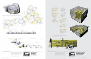 360.steelcase.com | Issue 65 | 1312 | Issue 65 | 360.steelcase.com
STEELCASE OFFICE BAG THE OTHER WORLD
“Creating an oasis of work in any part of the globe was our inspiration.”
1st Place Winners
María Lozano Correa
Sergio Del Barco
Pablo Magán Uceda
Raúl Olivares Chaparro
(Universidad Alcalá De Henares)
2nd Place Winners
Paloma García de Soria Lucena
María Carretero Fernández
Pilar Fernández Rueda
(Universidad de Sevilla)
The students created a changeable and
customizable space, that is portable and
approaching the immaterial. Basic tools are
grouped into a single mobile element
(computer, wifi, light, chair) and contained
in a ‘backpack’ equipped with an inflatable
mechanism that allows easy setup.
Inspired by Escher’s “Other World”,
environments are presented from different
points of view, toying with perspective
and generating the idea that the floor, the
ceiling and the walls are all interchangeable.
“The walls themselves can be transformed into floors or
ceilings depending on the users needs.”
 