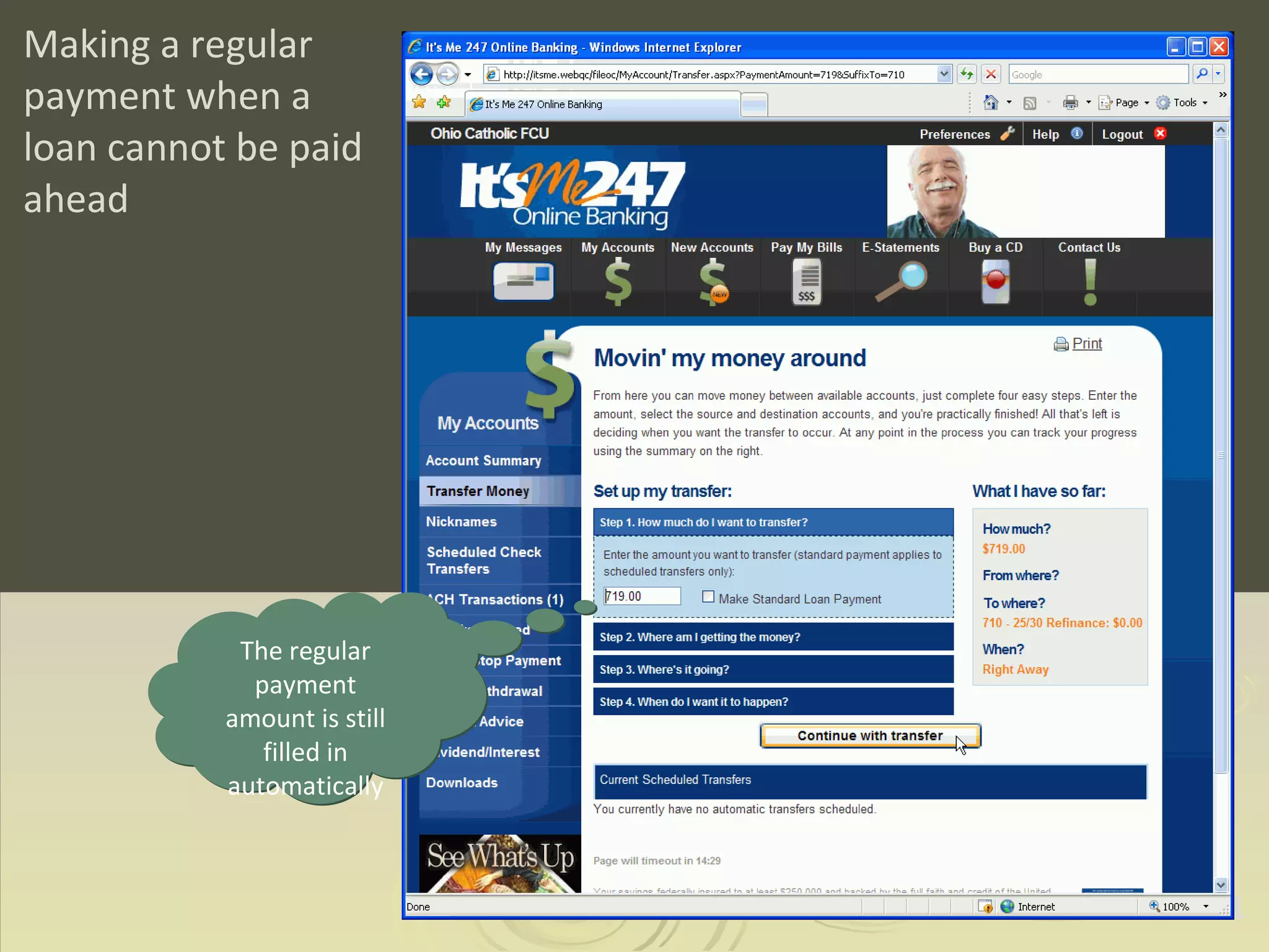 Making a regular payment when a loan cannot be paid ahead The regular payment amount is still filled in automatically 