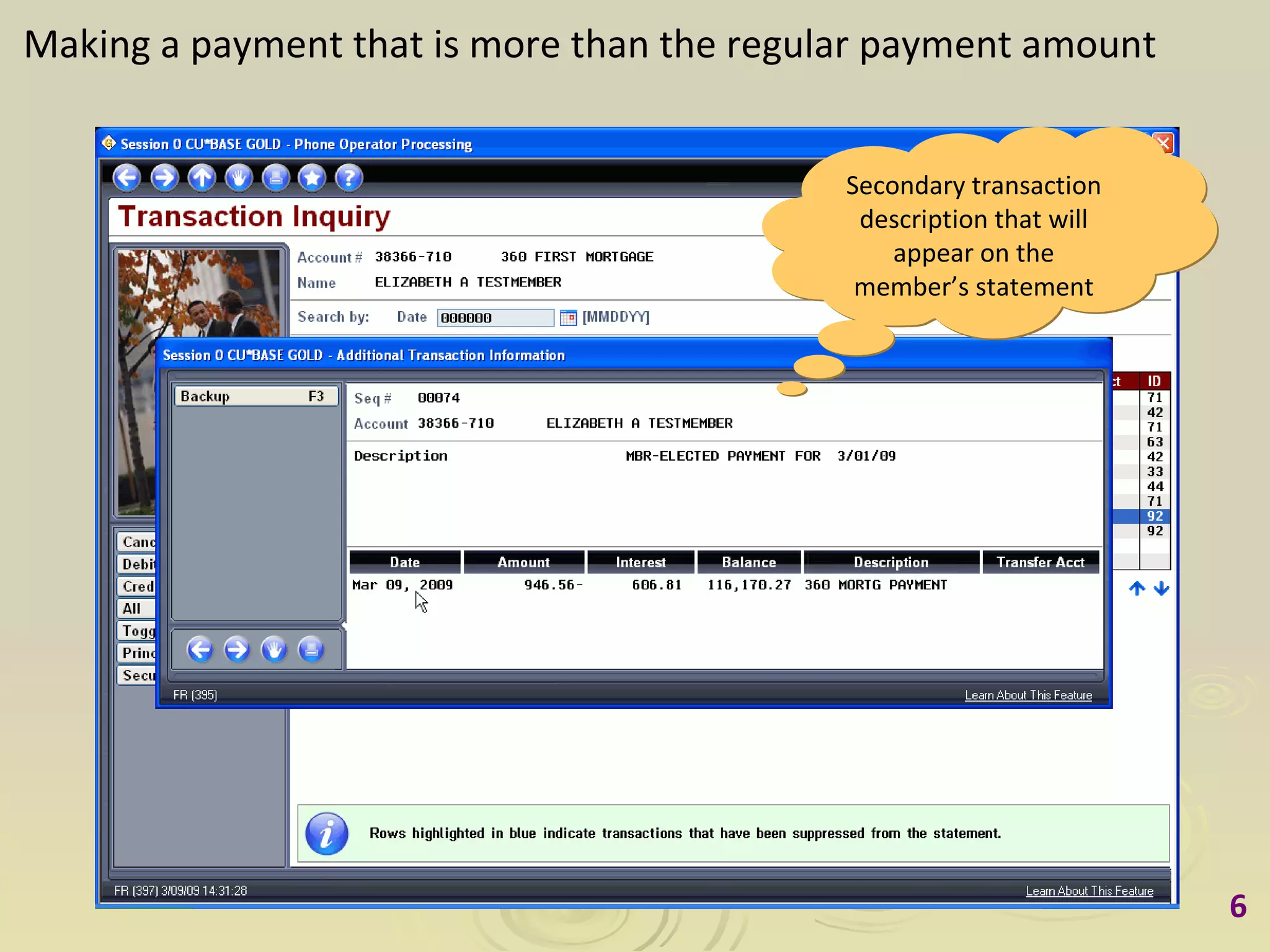 Making a payment that is more than the regular payment amount Secondary transaction description that will appear on the member’s statement 