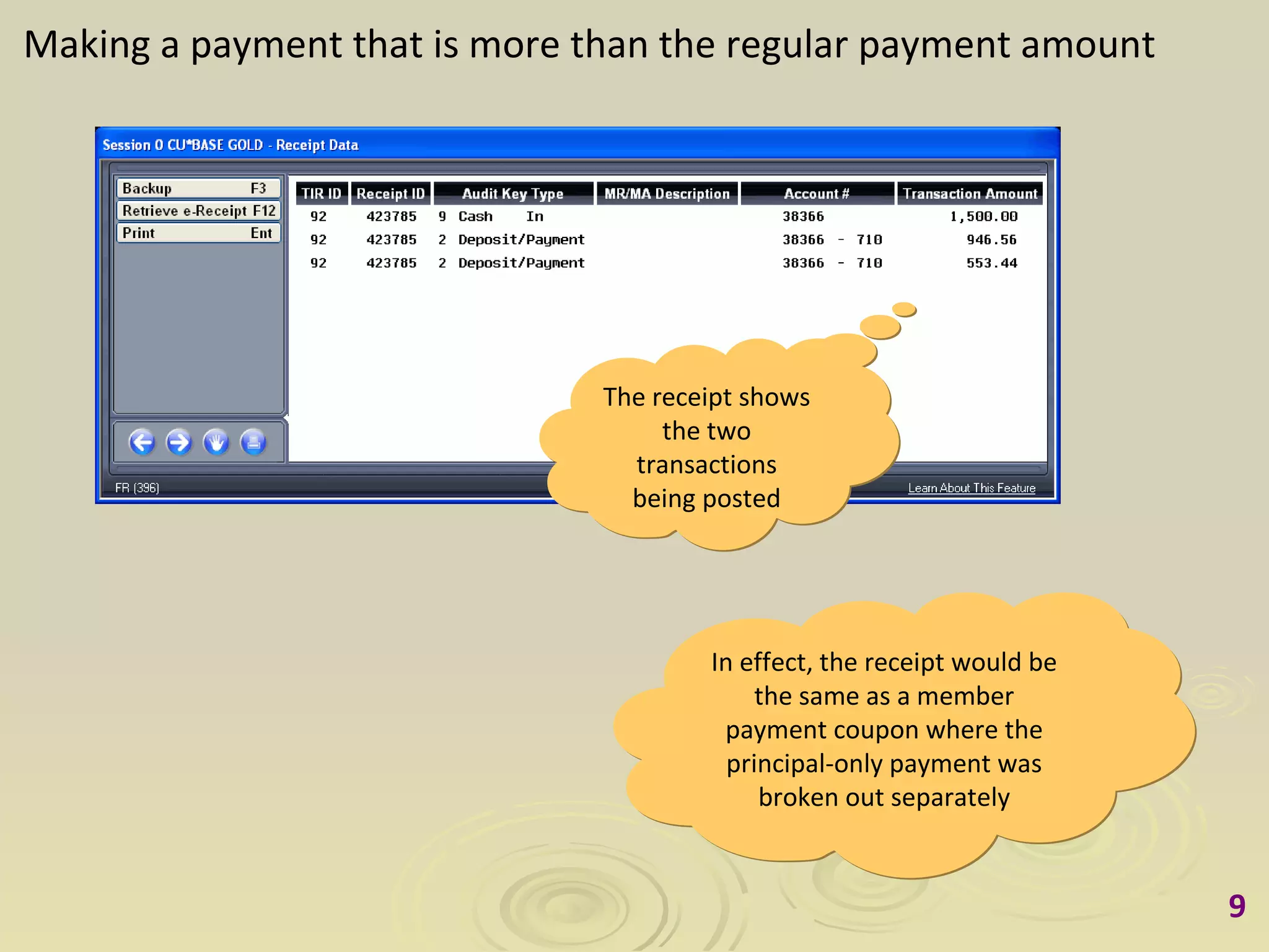 Making a payment that is more than the regular payment amount The receipt shows the two transactions being posted In effect, the receipt would be the same as a member payment coupon where the principal-only payment was broken out separately 