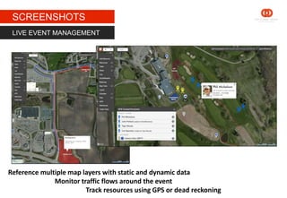 STAGE 1
SCREENSHOTS
LIVE EVENT MANAGEMENT
Reference multiple map layers with static and dynamic data
Monitor traffic flows around the event
Track resources using GPS or dead reckoning
 