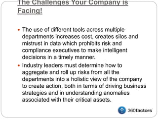 The Challenges Your Company is
Facing!
 The use of different tools across multiple
departments increases cost, creates silos and
mistrust in data which prohibits risk and
compliance executives to make intelligent
decisions in a timely manner.
 Industry leaders must determine how to
aggregate and roll up risks from all the
departments into a holistic view of the company
to create action, both in terms of driving business
strategies and in understanding anomalies
associated with their critical assets.
 