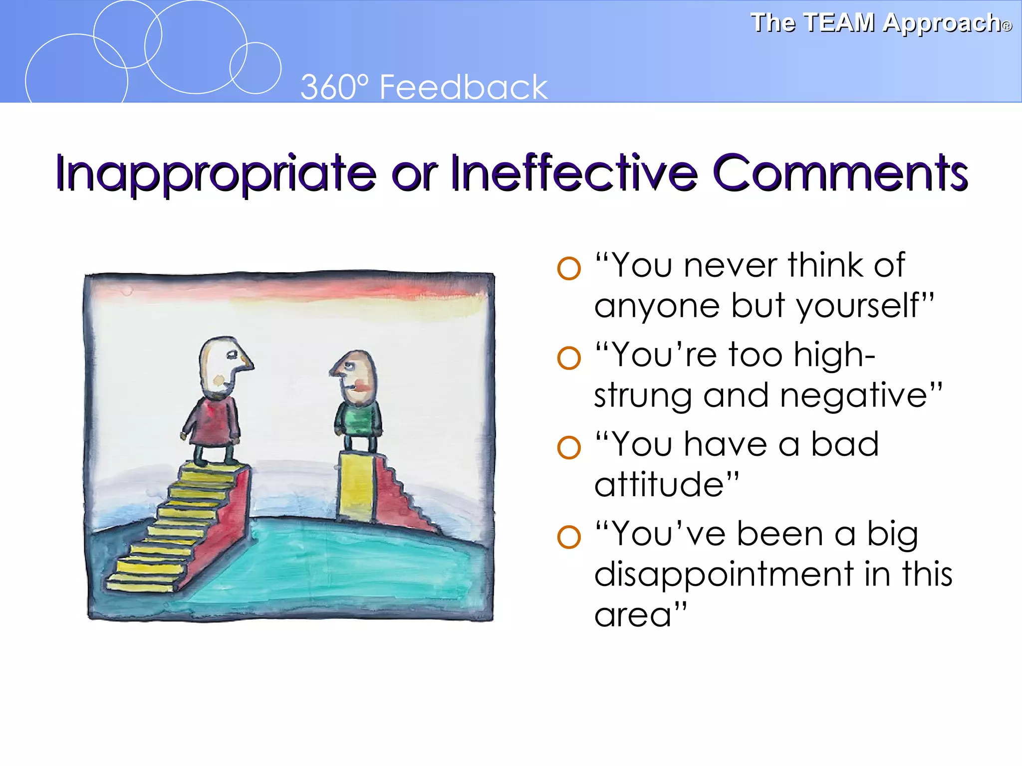 Inappropriate or Ineffective Comments “ You never think of anyone but yourself” “ You’re too high-strung and negative” “ You have a bad attitude” “ You’ve been a big disappointment in this area” 
