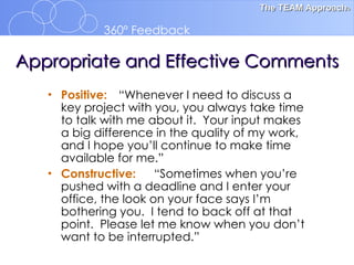 Appropriate and Effective Comments Positive: “Whenever I need to discuss a key project with you, you always take time to talk with me about it.  Your input makes a big difference in the quality of my work, and I hope you’ll continue to make time available for me.” Constructive: “Sometimes when you’re pushed with a deadline and I enter your office, the look on your face says I’m bothering you.  I tend to back off at that point.  Please let me know when you don’t want to be interrupted.” 
