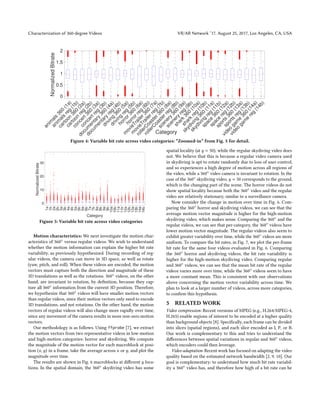 Characterization of 360-degree Videos VR/AR Network ’17, August 25, 2017, Los Angeles, CA, USA
a
n
i
m
a
l
s
3
6
0
(
1
a
)
a
n
i
m
a
l
s
r
e
g
(
1
b
)
c
a
r
t
o
o
n
3
6
0
(
2
a
)
c
a
r
t
o
o
n
r
e
g
(
2
b
)
c
o
n
c
e
r
t
3
6
0
(
3
a
)
c
o
n
c
e
r
t
r
e
g
(
3
b
)
d
o
c
u
m
e
n
t
a
r
y
3
6
0
(
4
a
)
d
o
c
u
m
e
n
t
a
r
y
r
e
g
(
4
b
)
d
r
i
v
i
n
g
3
6
0
(
5
a
)
d
r
i
v
i
n
g
r
e
g
(
5
b
)
h
o
r
r
o
r
3
6
0
(
6
a
)
h
o
r
r
o
r
r
e
g
(
6
b
)
m
o
v
i
e
T
r
a
i
l
e
r
3
6
0
(
7
a
)
m
o
v
i
e
T
r
a
i
l
e
r
r
e
g
(
7
b
)
r
o
l
l
e
r
C
o
a
s
t
e
r
3
6
0
(
8
a
)
r
o
l
l
e
r
C
o
a
s
t
e
r
r
e
g
(
8
b
)
s
c
e
n
e
r
y
3
6
0
(
9
a
)
s
c
e
n
e
r
y
r
e
g
(
9
b
)
s
h
a
r
k
3
6
0
(
1
0
a
)
s
h
a
r
k
r
e
g
(
1
0
b
)
s
k
y
d
i
v
i
n
g
3
6
0
(
1
1
a
)
s
k
y
d
i
v
i
n
g
r
e
g
(
1
1
b
)
s
p
a
c
e
3
6
0
(
1
2
a
)
s
p
a
c
e
r
e
g
(
1
2
b
)
s
p
o
r
t
s
3
6
0
(
1
3
a
)
s
p
o
r
t
s
r
e
g
(
1
3
b
)
v
i
d
e
o
g
a
m
e
3
6
0
(
1
4
a
)
v
i
d
e
o
g
a
m
e
r
e
g
(
1
4
b
)
Category
0
0.5
1
1.5
2
Normalized
Bitrate
Figure 4: Variable bit rate across video categories: “Zoomed-in” from Fig. 5 for detail.
1a
1b
2a
2b
3a
3b
4a
4b
5a
5b
6a
6b
7a
7b
8a
8b
9a
9b
10a
10b
11a
11b
12a
12b
13a
13b
14a
14b
Category
0
10
20
30
Normalized
Bitrate
Figure 5: Variable bit rate across video categories
Motion characteristics: We next investigate the motion char-
acteristics of 360◦ versus regular videos. We wish to understand
whether the motion information can explain the higher bit rate
variability, as previously hypothesized. During recording of reg-
ular videos, the camera can move in 3D space, as well as rotate
(yaw, pitch, and roll). When these videos are encoded, the motion
vectors must capture both the direction and magnitude of these
3D translations as well as the rotations. 360◦ videos, on the other
hand, are invariant to rotation, by definition, because they cap-
ture all 360◦ information from the current 3D position. Therefore,
we hypothesize that 360◦ videos will have smaller motion vectors
than regular videos, since their motion vectors only need to encode
3D translations, and not rotations. On the other hand, the motion
vectors of regular videos will also change more rapidly over time,
since any movement of the camera results in more non-zero motion
vectors.
Our methodology is as follows. Using ffprobe [7], we extract
the motion vectors from two representative videos in low-motion
and high-motion categories: horror and skydiving. We compute
the magnitude of the motion vector for each macroblock at posi-
tion (x,y) in a frame, take the average across x or y, and plot the
magnitude over time.
The results are shown in Fig. 6 macroblocks at different y loca-
tions. In the spatial domain, the 360◦ skydiving video has some
spatial locality (at y = 50), while the regular skydiving video does
not. We believe that this is because a regular video camera used
in skydiving is apt to rotate randomly due to loss of user control,
and so experiences a high degree of motion across all regions of
the video, while a 360◦ video camera is invariant to rotation. In the
case of the 360◦ skydiving video, y = 50 corresponds to the ground,
which is the changing part of the scene. The horror videos do not
show spatial locality because both the 360◦ video and the regular
video are relatively stationary, similar to a surveillance camera.
Now consider the change in motion over time in Fig. 6. Com-
paring the 360◦ horror and skydiving videos, we can see that the
average motion vector magnitude is higher for the high-motion
skydiving video, which makes sense. Comparing the 360◦ and the
regular videos, we can see that per-category, the 360◦ videos have
lower motion vector magnitude. The regular videos also seem to
exhibit greater variability over time, while the 360◦ videos are more
uniform. To compare the bit rates, in Fig. 7, we plot the per-frame
bit rate for the same four videos evaluated in Fig. 6. Comparing
the 360◦ horror and skydiving videos, the bit rate variability is
higher for the high-motion skydiving video. Comparing regular
and 360◦ videos, we can see that the mean bit rate of the regular
videos varies more over time, while the 360◦ videos seem to have
a more constant mean. This is consistent with our observations
above concerning the motion vector variability across time. We
plan to look at a larger number of videos, across more categories,
to confirm this hypothesis.
5 RELATED WORK
Video compression: Recent versions of MPEG (e.g., H.264/MPEG-4,
H.265) enable regions of interest to be encoded at a higher quality
than background objects [8]. Specifically, each frame can be divided
into slices (spatial regions), and each slice encoded as I, P, or B.
Our work is complementary to this and tries to understand the
differences between spatial variations in regular and 360◦ videos,
which encoders could then leverage.
Video adaptation: Recent work has focused on adapting the video
quality based on the estimated network bandwidth [2, 9, 10]. Our
goal is complementary: to understand how much bit rate variabil-
ity a 360◦ video has, and therefore how high of a bit rate can be
 
