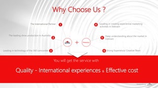 Why Choose Us ?
6
5
4
Deep understanding about the market in
Vietnam
Leading in creating experiential marketing
activities in Vietnam
Strong Experience/ Creative Team
The International Partner 1
2
3Leading in technology of the 360 camcorder
The leading show production in Australia
+
You will get the service with
Quality - International experiences & Effective cost
 