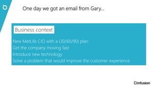 Business challenge 
Asked if we could help build an application that 
would produce a 360° view of his new customers 
using mongoDB noSQL technology 
and have a Facebook style interface? 
70 
different systems 
140yrs 
customer data 
45million 
policies 
100million 
transactions 
One day we got an email from Gary… 
 