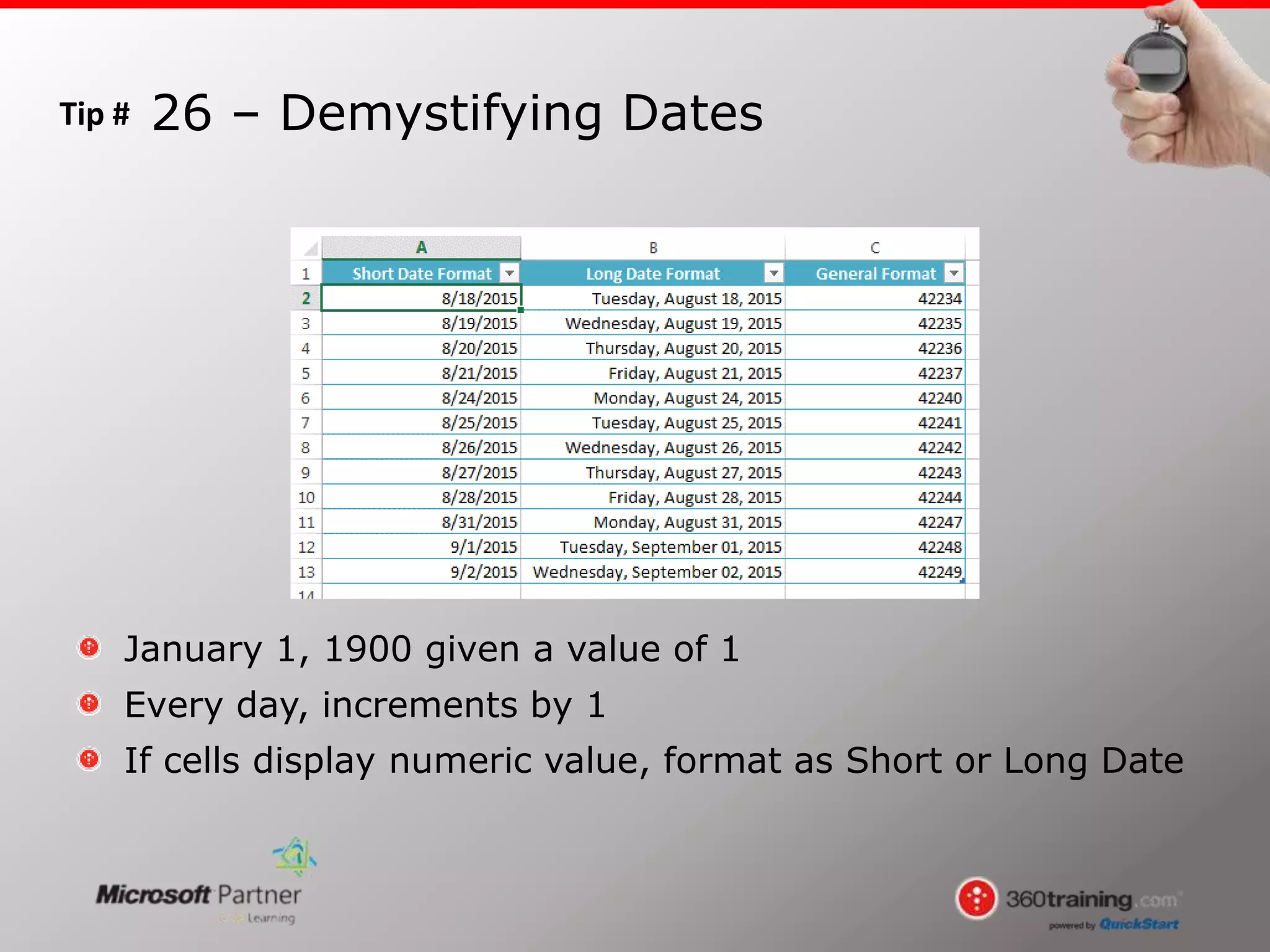 Tip #
January 1, 1900 given a value of 1
Every day, increments by 1
If cells display numeric value, format as Short or Long Date
26 – Demystifying Dates
 