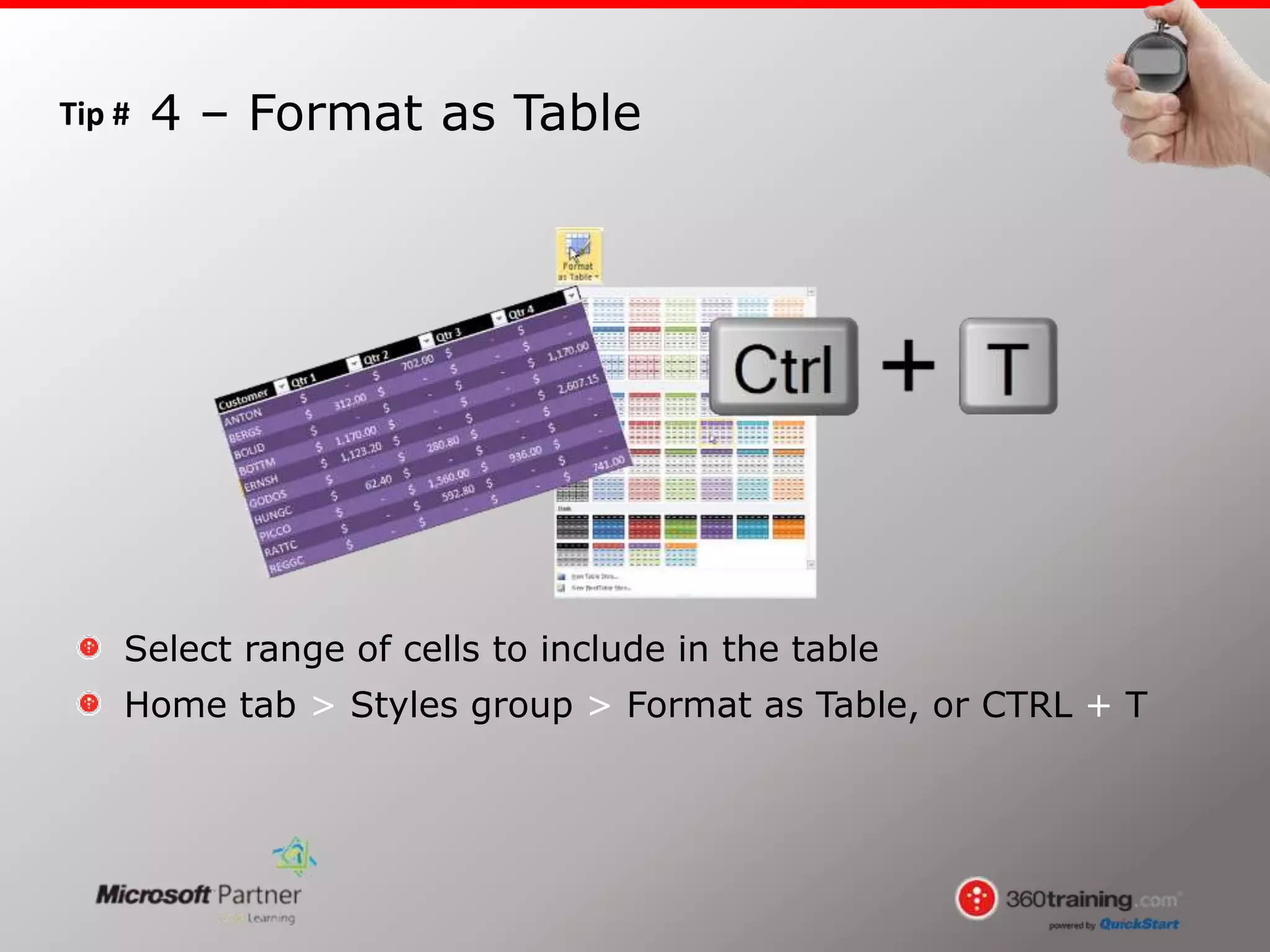 Tip #
Select range of cells to include in the table
Home tab > Styles group > Format as Table, or CTRL + T
4 – Format as Table
 