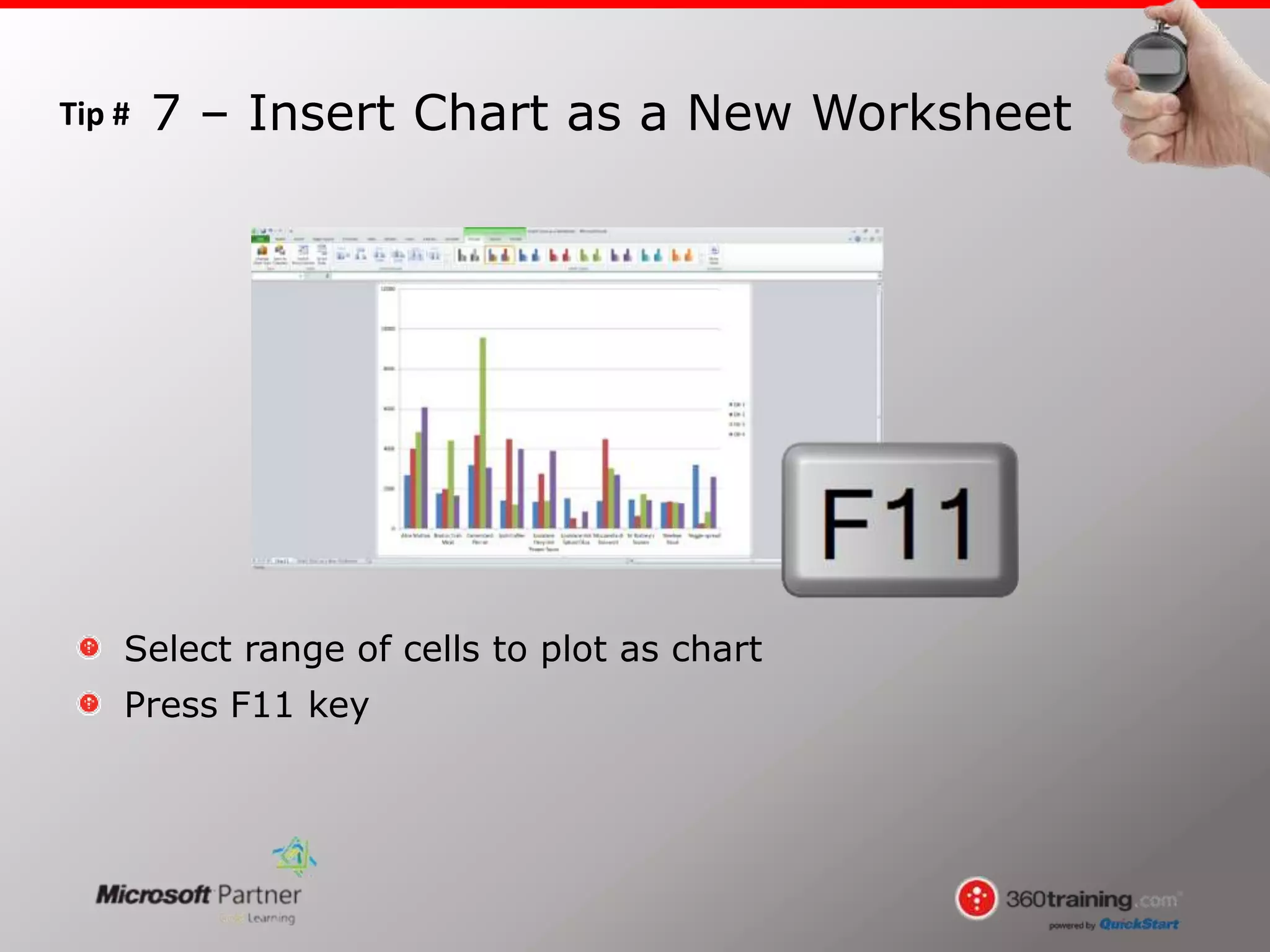 Tip #
Select range of cells to plot as chart
Press F11 key
7 – Insert Chart as a New Worksheet
 