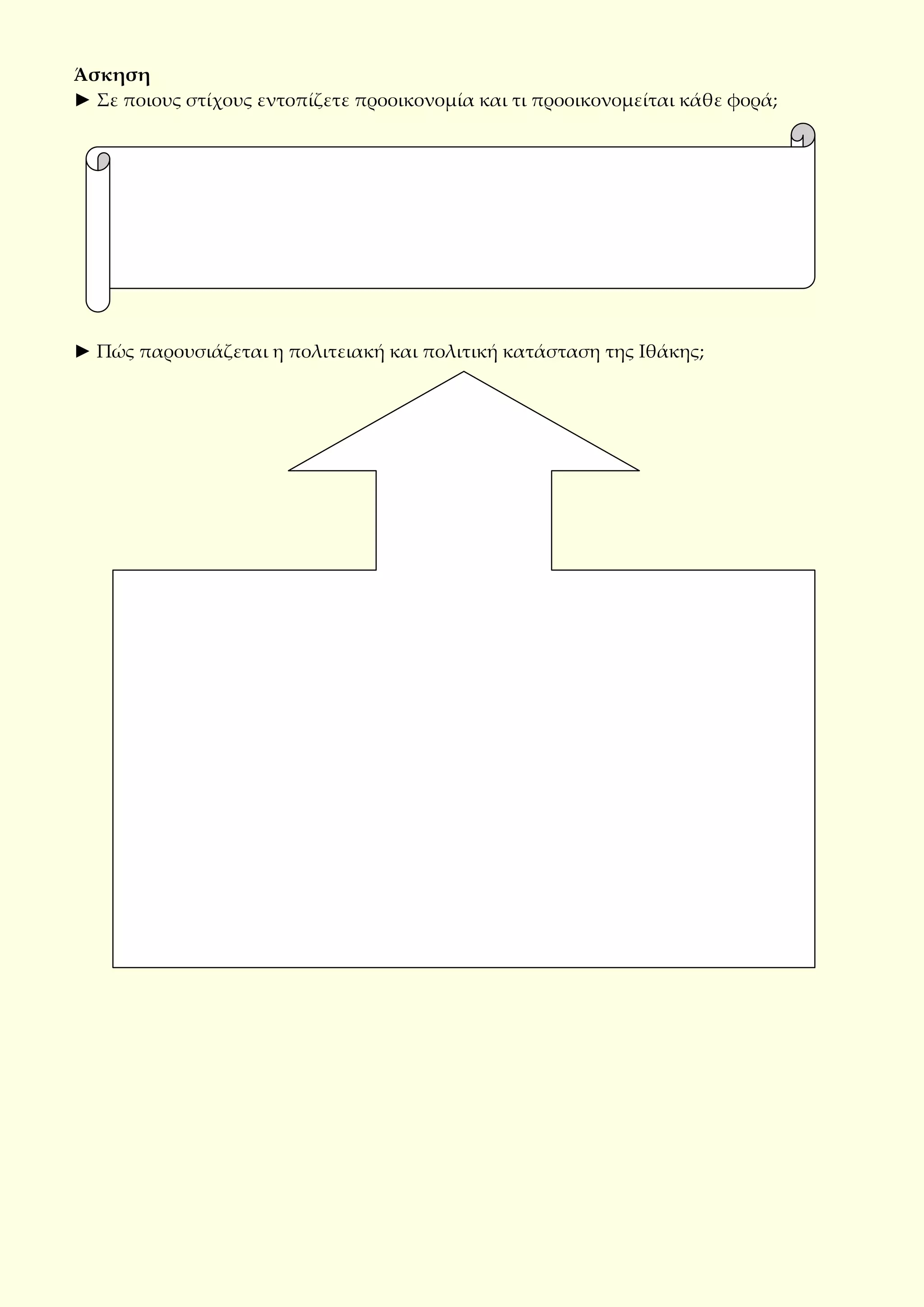 Άσκηση
► Σε ποιους στίχους εντοπίζετε προοικονομία και τι προοικονομείται κάθε φορά;
► Πώς παρουσιάζεται η πολιτειακή και πολιτική κατάσταση της Ιθάκης;
 