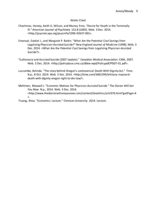 Amory/Moody 6
Works Cited
Chochinov, Harvey, Keith G. Wilson, and Murray Enns. "Desire for Death in the Terminally
Ill." American Journal of Psychiatry 152.8 (1005). Web. 3 Dec. 2014.
<http://psycnet.apa.org/psycinfo/1996-92637-001>.
Emanuel, Ezekiel J., and Margaret P. Battin. "What Are the Potential Cost Savings from
Legalizing Physician-Assisted Suicide?" New England Journal of Medicine (1998). Web. 3
Dec. 2014. <What Are the Potential Cost Savings from Legalizing Physician-Assisted
Suicide?>.
"Euthanasia and Assisted Suicide (2007 Update)." Canadian Medical Association. CMA, 2007.
Web. 3 Dec. 2014. <http://policybase.cma.ca/dbtw-wpd/Policypdf/PD07-01.pdf>.
Luscombe, Belinda. "The story behind Oregon's controversial Death With Dignity Act." Time.
N.p., 8 Oct. 2014. Web. 3 Dec. 2014. <http://time.com/3481599/brittany-maynard-
death-with-dignity-oregon-right-to-die-law/>.
Mehlmen, Maxwell J. "Economic Motives for Physician-Assisted Suicide." The Doctor Will See
You Now. N.p., 2014. Web. 3 Dec. 2014.
<http://www.thedoctorwillseeyounow.com/content/bioethics/art1976.html?getPage=4
>.
Truong, Khoa. "Economics Lecture." Clemson University. 2014. Lecture.
 