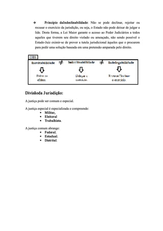  Principio daIndeclinabilidade: Não se pode declinar, rejeitar ou
recusar o exercício da jurisdição, ou seja, o Estado não pode deixar de julgar a
lide. Desta forma, a Lei Maior garante o acesso ao Poder Judiciários a todos
aqueles que tiverem seu direito violado ou ameaçado, não sendo possível o
Estado­Juiz eximir­se de prover a tutela jurisdicional àqueles que o procurem
para pedir uma solução baseada em uma pretensão amparada pelo direito.
Divisãoda Jurisdição:
A justiça pode ser comum e especial.
A justiça especial é especializada e compreende:
 Militar,
 Eleitoral
 Trabalhista.
A justiça comum abrange:
 Federal.
 Estadual.
 Distrital.
 