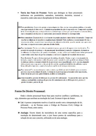  Teoria das Fases do Processo: Teoria que distingue as fases processuais
autônomas em postulatória, saneadora, instrutória, decisória, recursal e
executiva; onde cada uma é disciplinada de forma diferente.
Fontes Do Direito Processual:
Onde o direito processual busca base para resolver conflitos e problemas, ou
seja, elementos que auxiliam na resolução da Lead. Existem 6 tipos de fontes:
 Lei: A pessoa competente resolve a Lead de acordo com a interpretação da lei,
utilizando – se de Normas como o Código de Processo Civil, Código de
Processo Penal, entre outros.
 Analogia: Ocorre diante da inexistência de uma norma especifica para a
resolução de determinado caso, o juiz busca pontos de semelhança para a
solução de um caso concreto, utilizando­se de uma analogia.
 