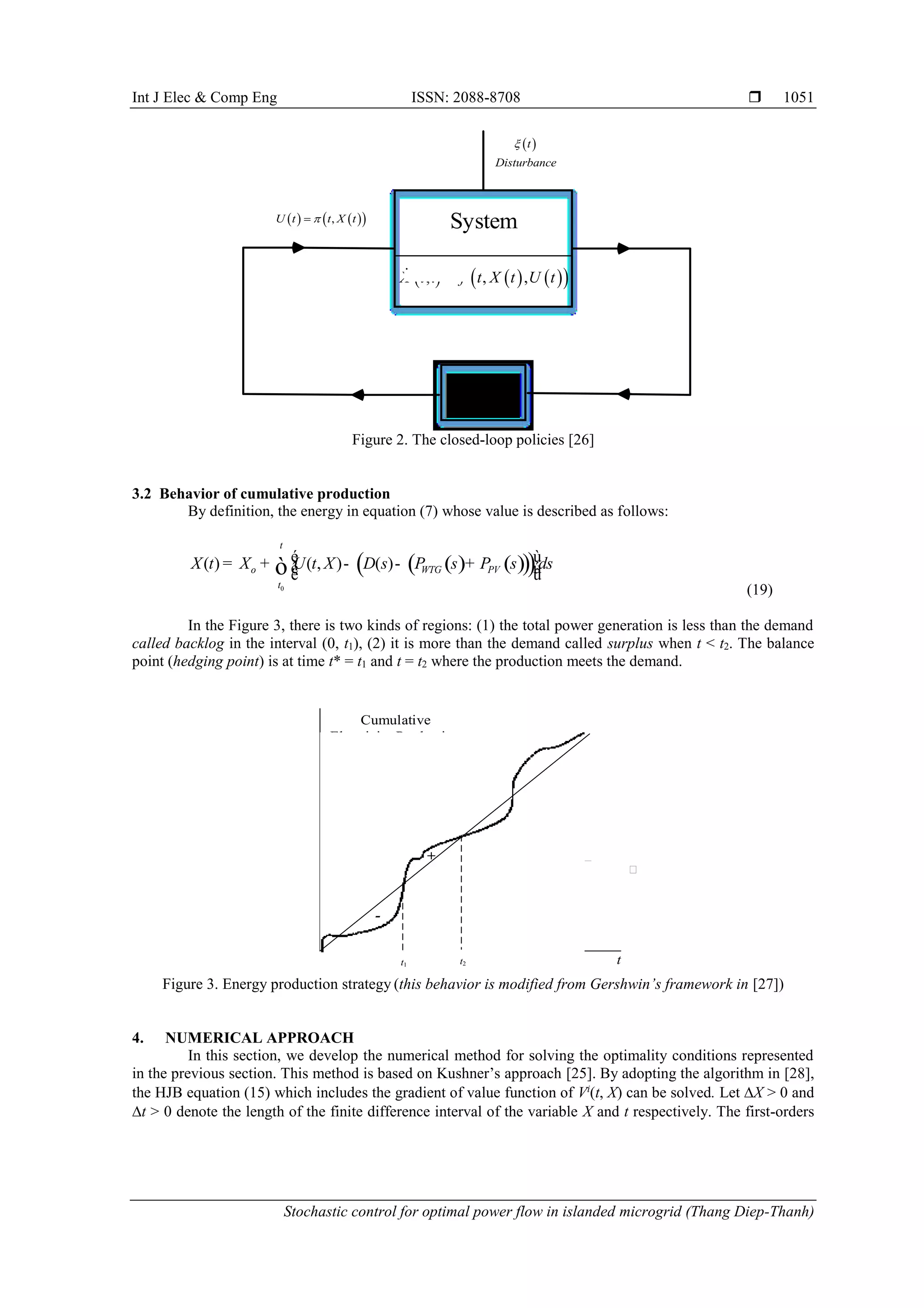 Int J Elec & Comp Eng ISSN: 2088-8708 
Stochastic control for optimal power flow in islanded microgrid (Thang Diep-Thanh)
1051
      ,. , ,X t f t X t U t
System    ,U t t X t
  ,t X t
 t
Disturbance

Figure 2. The closed-loop policies [26]
3.2 Behavior of cumulative production
By definition, the energy in equation (7) whose value is described as follows:
( ) ( )( )( )
0
( ) ( , ) ( )
t
o WTG PV
t
X t X U t X D s P s P s dsé ù= + - - +ê úë ûò
(19)
In the Figure 3, there is two kinds of regions: (1) the total power generation is less than the demand
called backlog in the interval (0, t1), (2) it is more than the demand called surplus when t < t2. The balance
point (hedging point) is at time t* = t1 and t = t2 where the production meets the demand.
Cumulative
Electricity Production
and Demand
t
0
( , )
t
WTG PV
t
U s X P s P s ds
0
t
t
D s ds
t1 t2
-
+
Figure 3. Energy production strategy (this behavior is modified from Gershwin’s framework in [27])
4. NUMERICAL APPROACH
In this section, we develop the numerical method for solving the optimality conditions represented
in the previous section. This method is based on Kushner’s approach [25]. By adopting the algorithm in [28],
the HJB equation (15) which includes the gradient of value function of Vi
(t, X) can be solved. Let X > 0 and
t > 0 denote the length of the finite difference interval of the variable X and t respectively. The first-orders
 