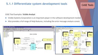 CASE Tool Examples: Visible Analyst
 Visible Systems Corporation is an important player in the software development market
 Also provides a full range of Help features, including the error message analysis screen
CASE Tools
5.1.1 Differentiate system development tools
 