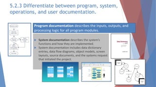  System documentation describes the system’s
functions and how they are implemented.
 System documentation includes data dictionary
entries, data flow diagrams, object models, screen
layouts, source documents, and the systems request
that initiated the project.
Program documentation describes the inputs, outputs, and
processing logic for all program modules.
5.2.3 Differentiate between program, system,
operations, and user documentation.
 