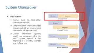System Changeover
 Direct Cutover
 Involves more risk than other
changeover methods
 Companies often choose the direct
cutover method for implementing
commercial software packages
 Cyclical information systems
usually are converted using the
direct cutover method at the
beginning of a quarter, calendar
year, or fiscal year
35
 