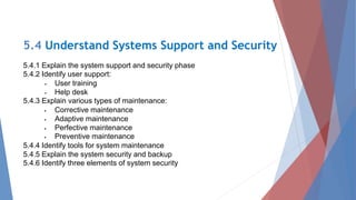 5.4 Understand Systems Support and Security
5.4.1 Explain the system support and security phase
5.4.2 Identify user support:
 User training
 Help desk
5.4.3 Explain various types of maintenance:
 Corrective maintenance
 Adaptive maintenance
 Perfective maintenance
 Preventive maintenance
5.4.4 Identify tools for system maintenance
5.4.5 Explain the system security and backup
5.4.6 Identify three elements of system security
 